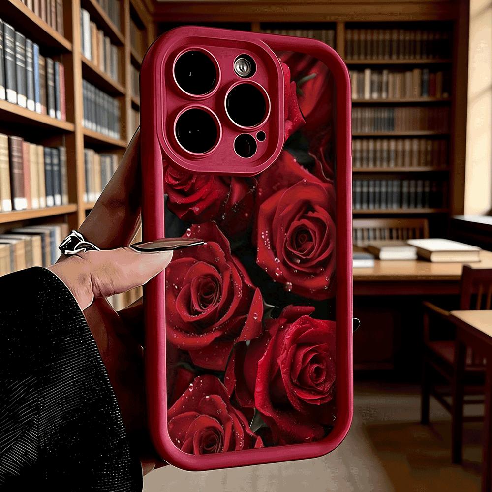 Чехол для телефона 'Красные розы с каплями росы' для iPhone 17 16 15 14 13 12 11 Pro Max Plus, Защитный, Гелевый, Гибкий, Противоударный