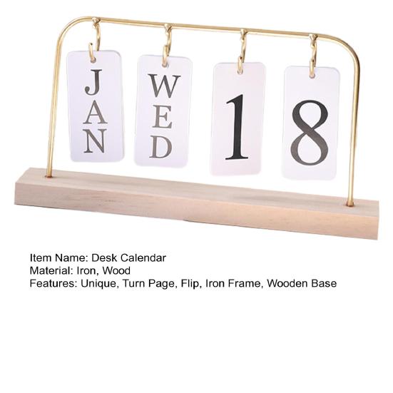 Metal Flip Calendar with Wooden Base Daily Perpetual Desk Calendar Turn Page Month Date Display Standing Desktop Planner for Office Home