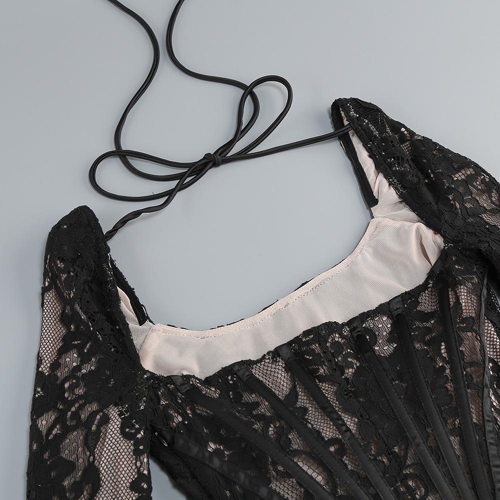 Европейское и американское сексуальное кружевное платье-сетка с корсетом на косточках – с длинными рукавами, осенне-зимняя короткая юбка