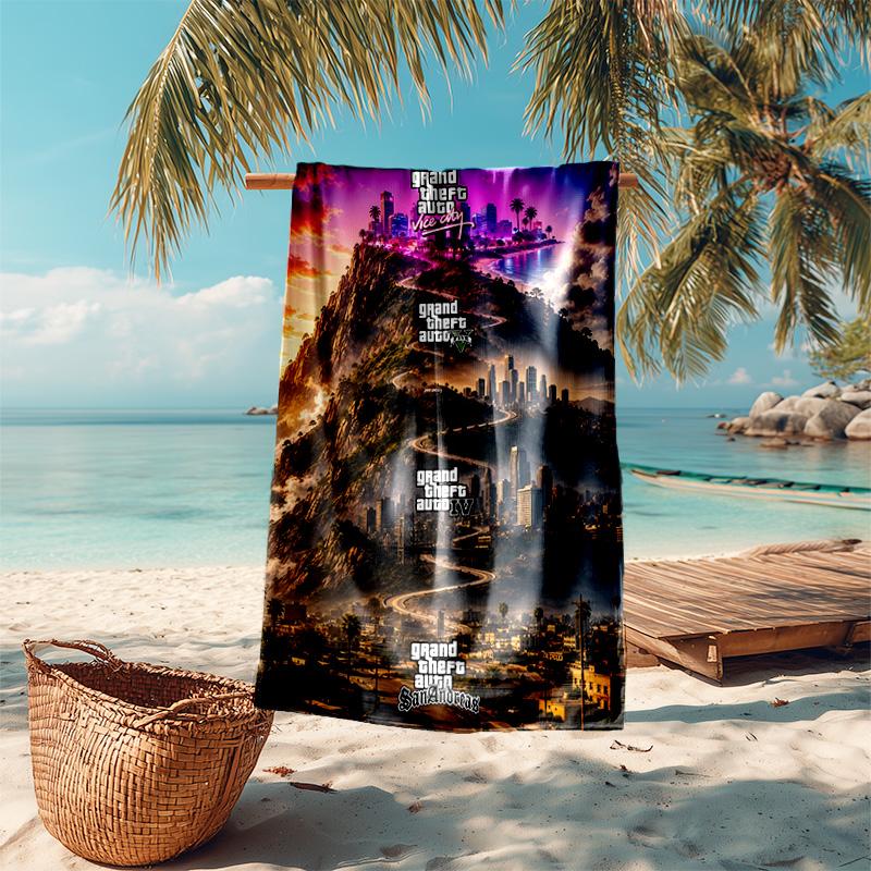 proof beach towel with Game Grand Theft Auto pattern - soft,absorbent,quick-drying,machine washable - perfect for swimming,camping,bathing