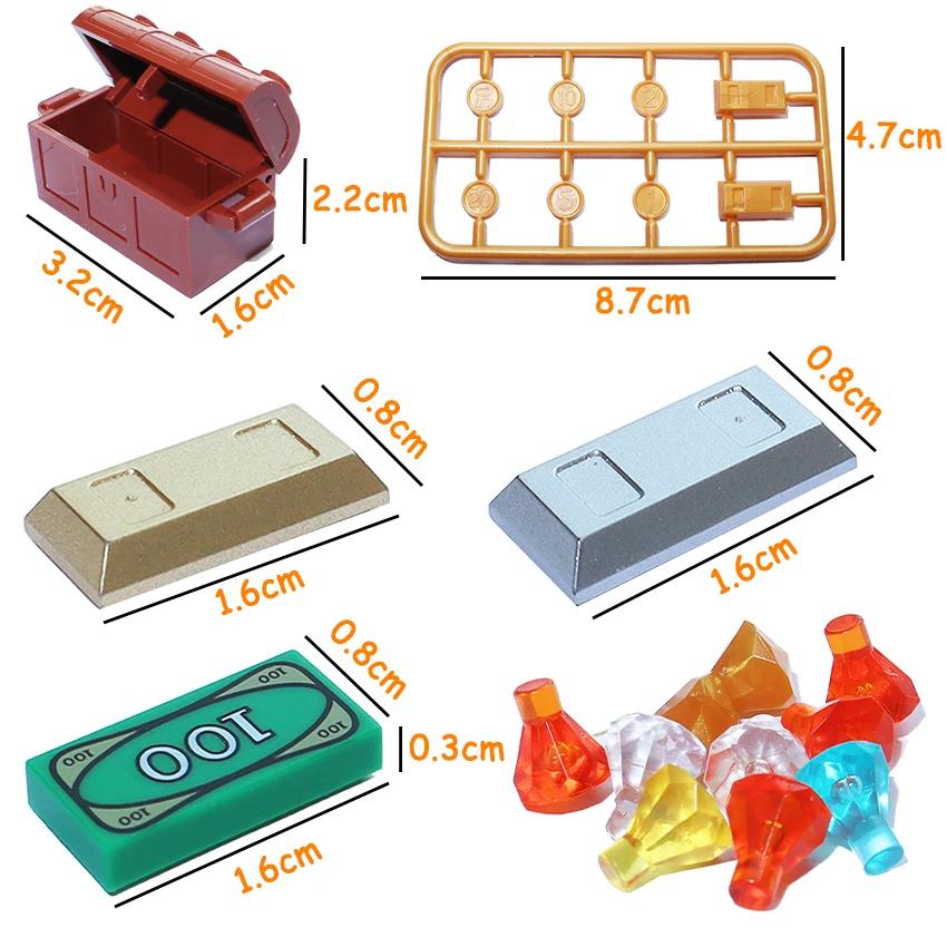 Нетоксичный строительный блок Город Сундук с сокровищами Шкатулка с драгоценностями Золото Серебро Алмаз Доллары Центы Монеты Наличные Кирпичи Аксессуар Печатный Moc Игрушка