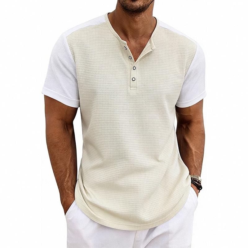 Мужская свободная вафельная футболка-henley с коротким рукавом, летний повседневный топ