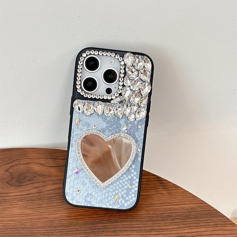 Чехол для мобильного телефона Rhinestone Love Mirror для IPhone17promax Кожа для Apple 16 Женская модель 15 Индивидуальность