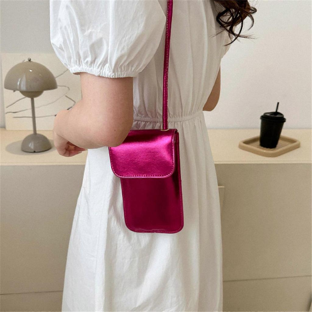 Mini Crossbody Phone Bag Women Cellphone Shoulder Bag Purse Leather Coin Phone Wallet with Shoulder Strap for Travel Silver