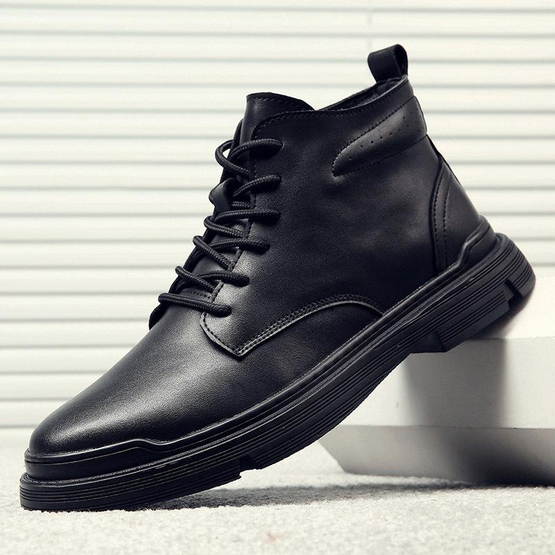 Solid Color High Top Cow Leather Boots for Men Autumn Winter New Lace Designer Work Shoes Male Fashion Casual Ankle Boots Man