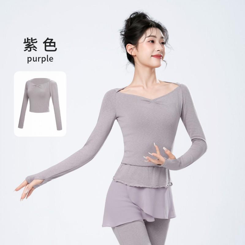 Womens Long Sleeve Ballet Practice Top Winter Dancewear V-Neck Off-Shoulder Sweater Layering Shirt