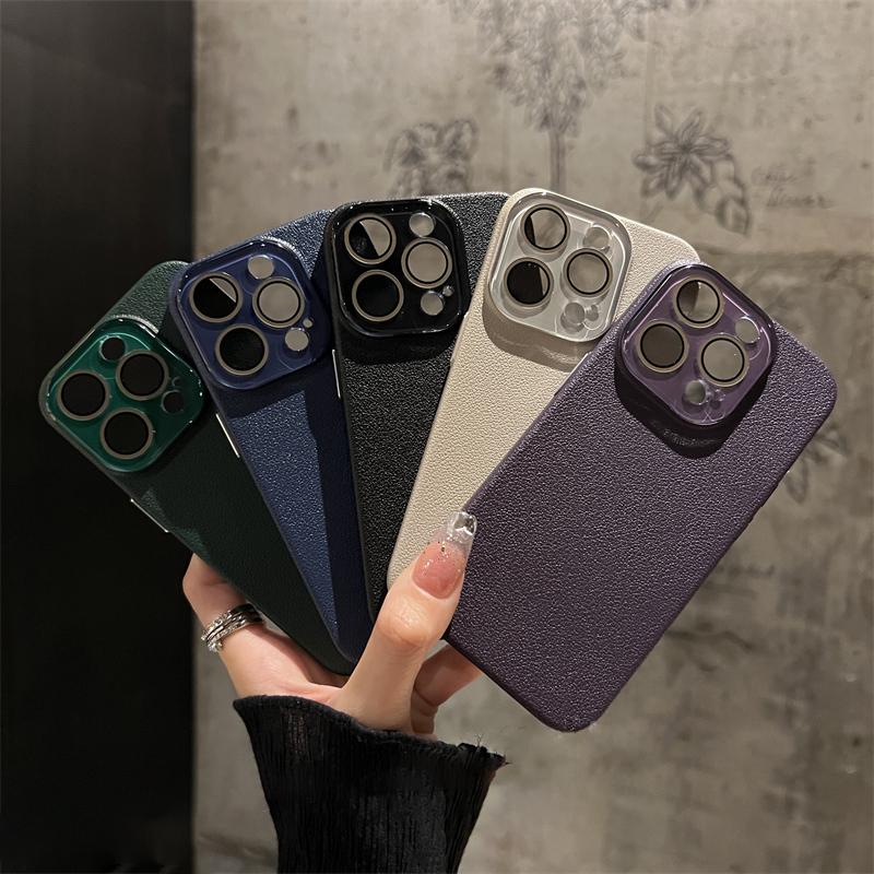 Чехол из кожи с текстурой личи с защитой линзы из хрустального стекла для iPhone 17 15 16 Pro Max 14 13 12 Ударопрочная защита Жесткая крышка