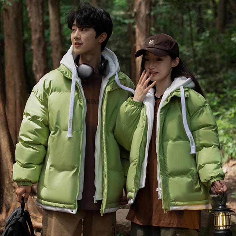 Зимнее хлопковое пальто, утолщенное и теплое, поддельное хлопковое пальто из двух частей, свободное парное пальто с капюшоном, пуховое хлопковое пальто