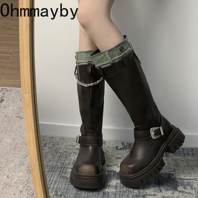 Fashion Platform Women Knight Knee High Boots Fashion Slip On Belt Buckle Long Boots Autumn Winter Women's Thick Heel Shoes