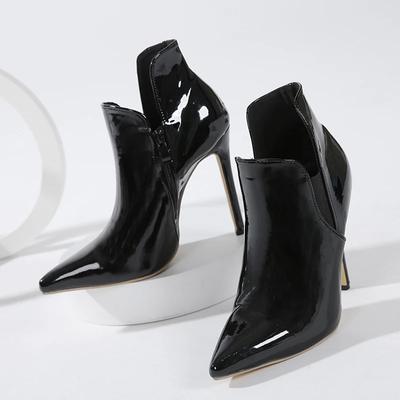 Осенне-зимние женские ботильоны из лакированной кожи в стиле панк с застежкой-молнией и острым носком на тонком высоком каблуке для выпускного вечера