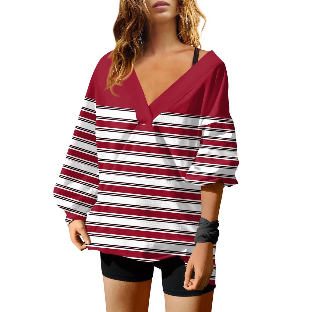 Женская мода полосатый принт V-образный вырез длинный рукав свободный пуловер свитшот топ