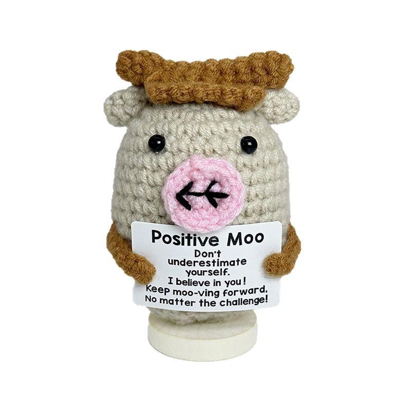 Funny Positive Crochet Cow Doll Desktop Ornament Handmade Cheer Emotional Support Positive Cow with Card Home Party Decoration