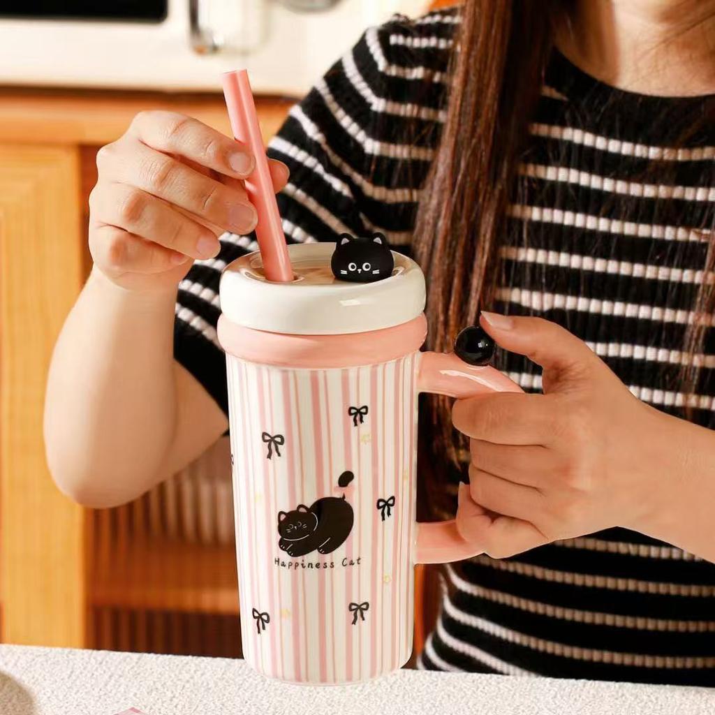 Large Capacity Summer New Straw Cup Ceramic Kettle Cup with Lid Cartoon Mug Water Cup