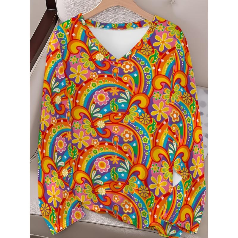 Plus size women's fashion printed pattern casual V-neck long-sleeved T-shirt loose casual top