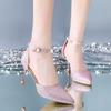 Versatile Rhinestone Mid-heel One-word Buckle Sandals High Heels Korean Version Sexy Pointed Thin Heel Single Shoes Women's 2025 Summer New Models