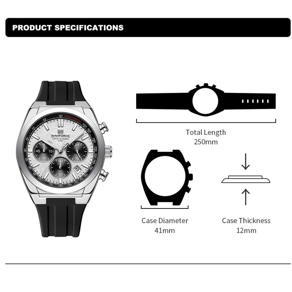 Naviforce Men Watch Calendar Quartz Movement Silicone Strap Stopwatch Chronograph Luminous Hands Waterproof Men Casual Multifunctional Watch NF8080