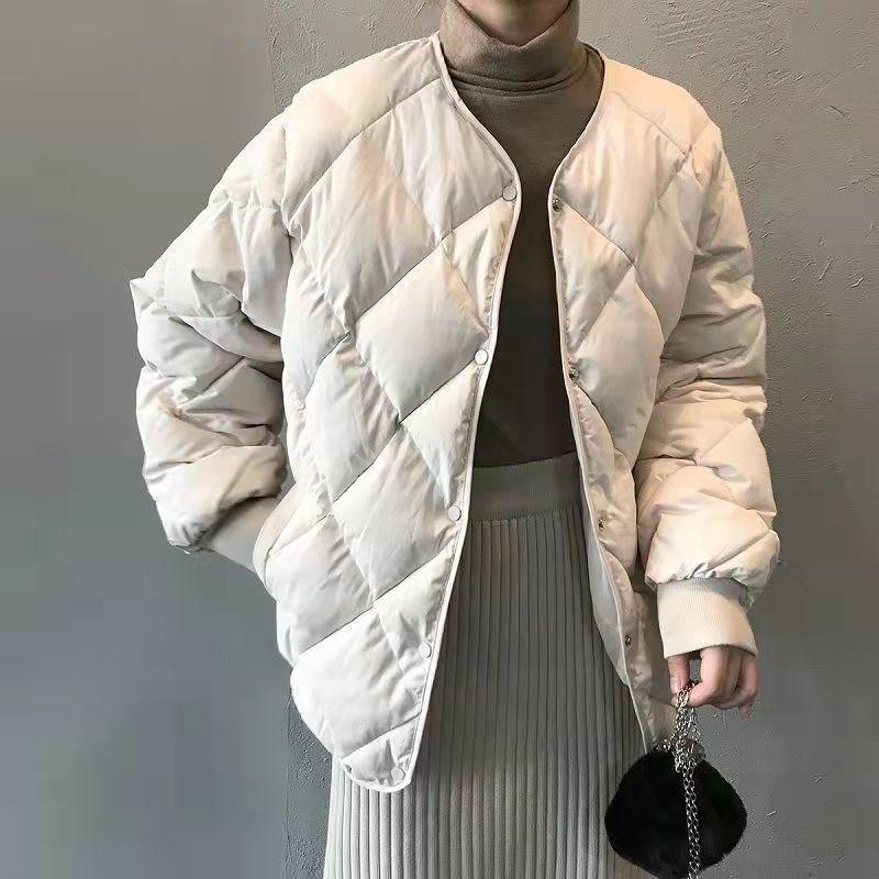 Women's Winter Short Diamond Pattern Cotton Jacket - Collarless, Hot Style, Down Padded