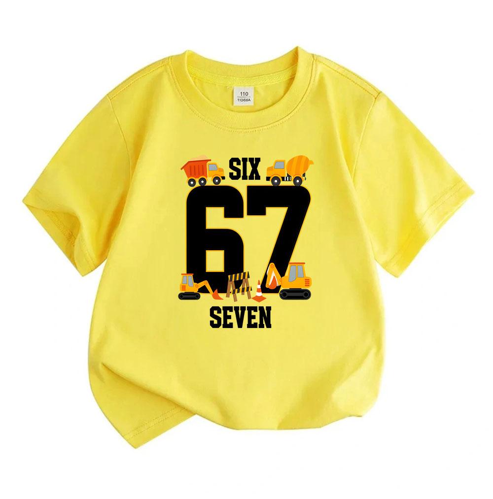 Kids Unisex 100% Cotton Crew Neck Short Sleeve T-Shirt, Construction Truck 6 Seven Birthday Graphic Casual Summer Tee for Children Boys Girls