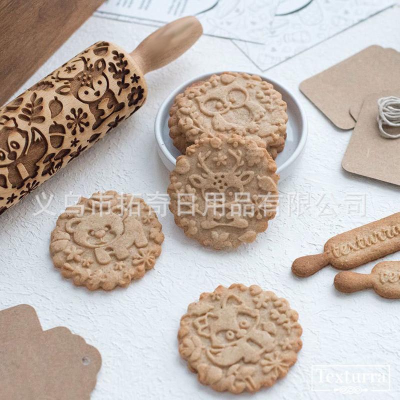 Скалка с рисунком мультяшных животных, скалка для муки с лазерной гравировкой, рождественский аксессуар, скалка для печенья