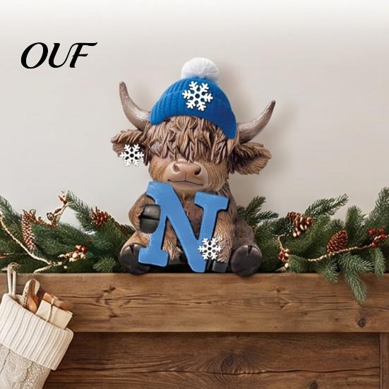 Artistic Holiday Gift 4Pcs Christmas Highland Cow Figurine, Winter Blue Yak Statues with Snowflakes Xmas Comfortable Hand Feel Decor Hats, Farmhouse