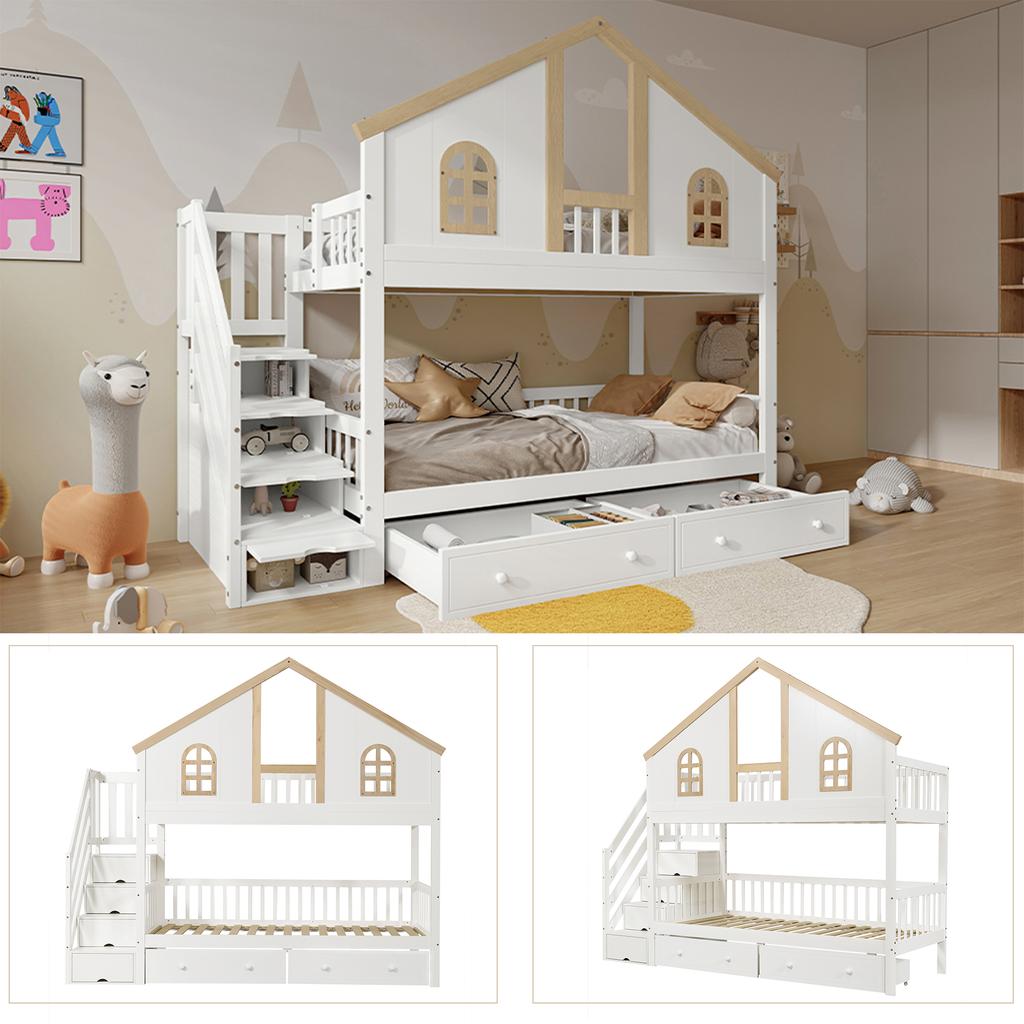 Children's bunk bed 90x200 cm with storage stairs, house bed in white/natural, bunk bed with window design, large drawers and fall protection