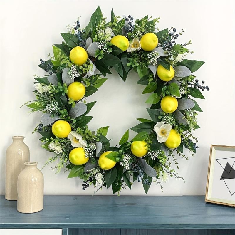 Spring Wreath for Front Door, Window, Wedding Party, Indoor and Outdoor Decorations, Artificial Flower Wreath with Lemon