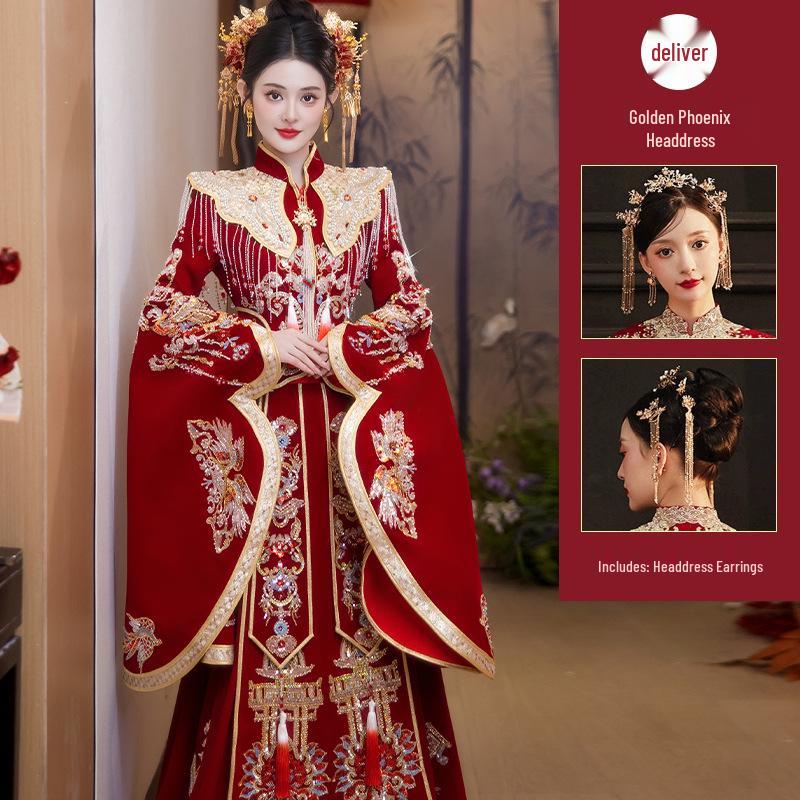2025 Plus Size Xiuhe Dress with Phoenix Crown & Xiapei - Chinese Wedding Toasting Gown