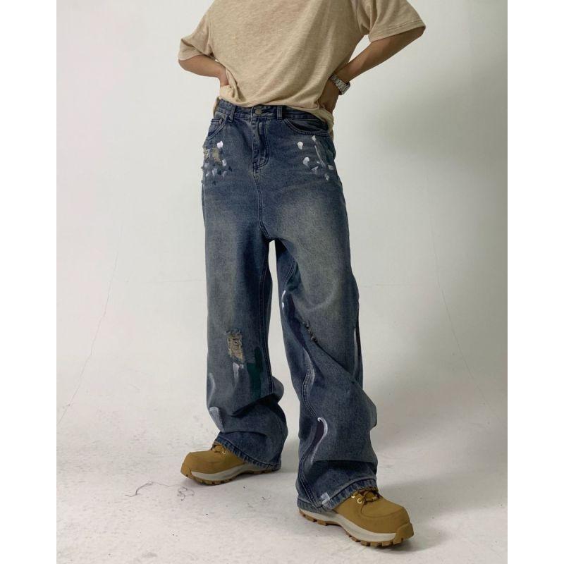 Европейские и американские уличные джинсы с чернильными пятнами для мужчин и женщин, нишевый дизайн, свободные широкие брюки для пар, повседневные универсальные брюки