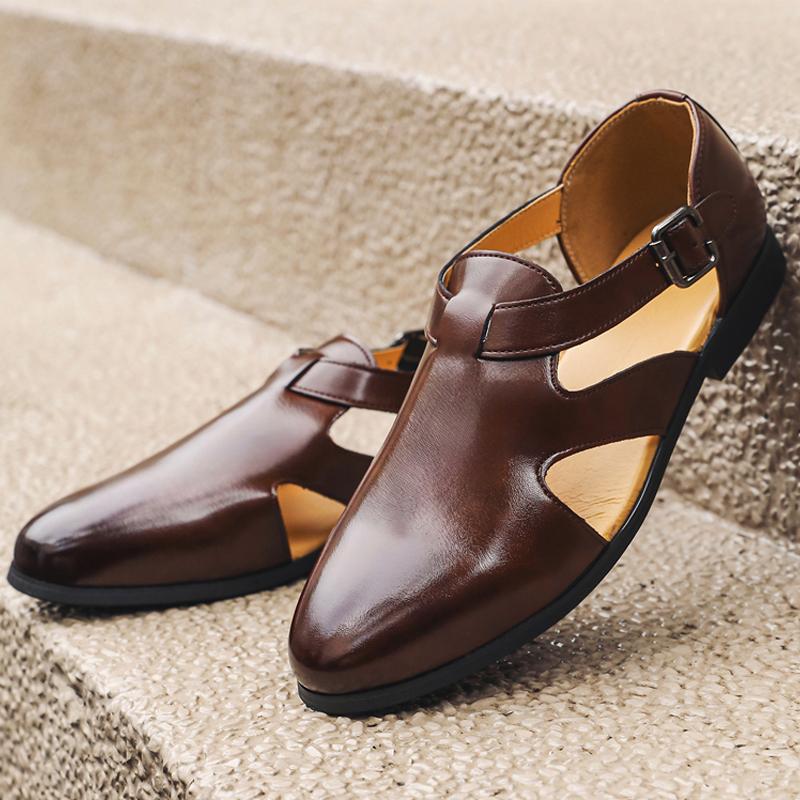 Летние Новые Деловые Сандалии Черные Коричневые ПУ Дышащие Полые Римские Пряжки Формальные Сандалии Размер 38-46 Мужские Сандалии