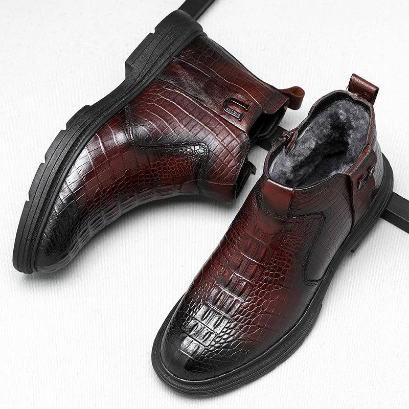 Качественные мужские деловые ботинки из коровьей кожи, осенне-зимние теплые меховые зимние ботинки, мужские ботильоны с крокодиловым узором, мужская обувь