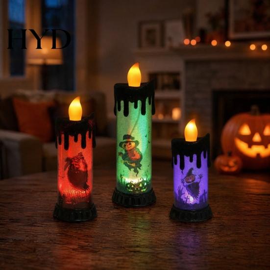 Flameless Halloween Candle Light Electronic Light, Fun Spooky LED Candle, 3-Color Flickering Three-color Luminous Realistic Flame Safe