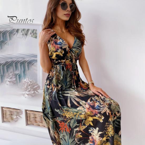 Женское платье для отпуска Без рукавов V-образный вырез спинки Цветочный принт Высокая талия Завязка Пляжное платье Макси-платье в стиле бохо