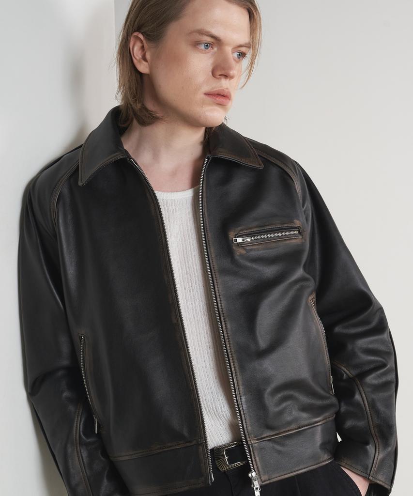 Sperone [Real Leather] Vintage Washed Stand Collar Jacket (Brown)