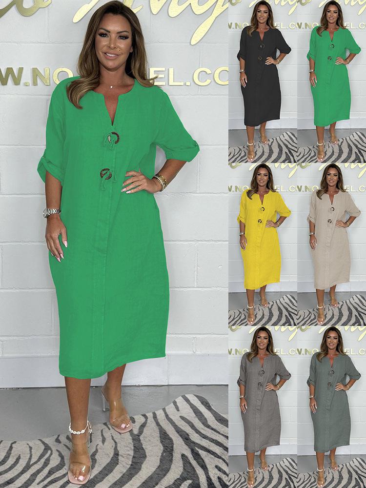 2024 Европейское и Американское Женское Повседневное Платье-Халат Свободного Кроя Однотонного Цвета