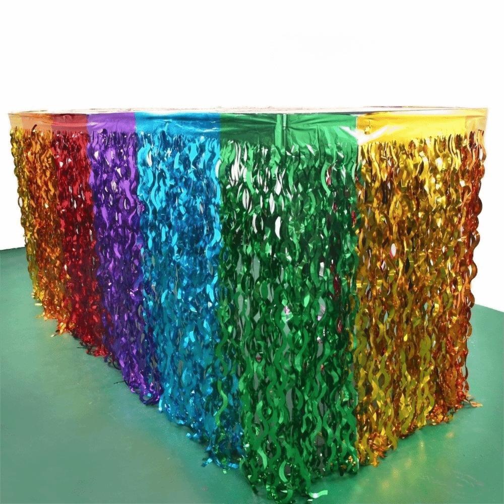 Rainbow Gradient Foil Fringe Table Skirt Wavy Design Table Decor Ornament Birthday Party