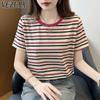 Женские модные повседневные летние весенние блузки и рубашки с круглым вырезом и короткими рукавами с полосатым принтом