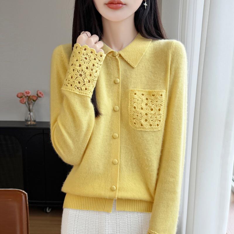 Women's Autumn/Winter Loose Fit Wool Cardigan with Polo Collar and Pockets