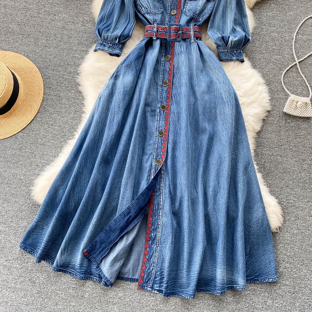 RUGOD Spring and Autumn New Retro Denim Dress Women's Long-sleeved Design Waist Shirt Dress Button High Waist Dress