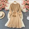 Fall Winter New Retro Knee-length Loose Sweater Dress for Women Twist O-neck Raglan Long Sleeve Hairball Lace-Up Solid Knit Dress