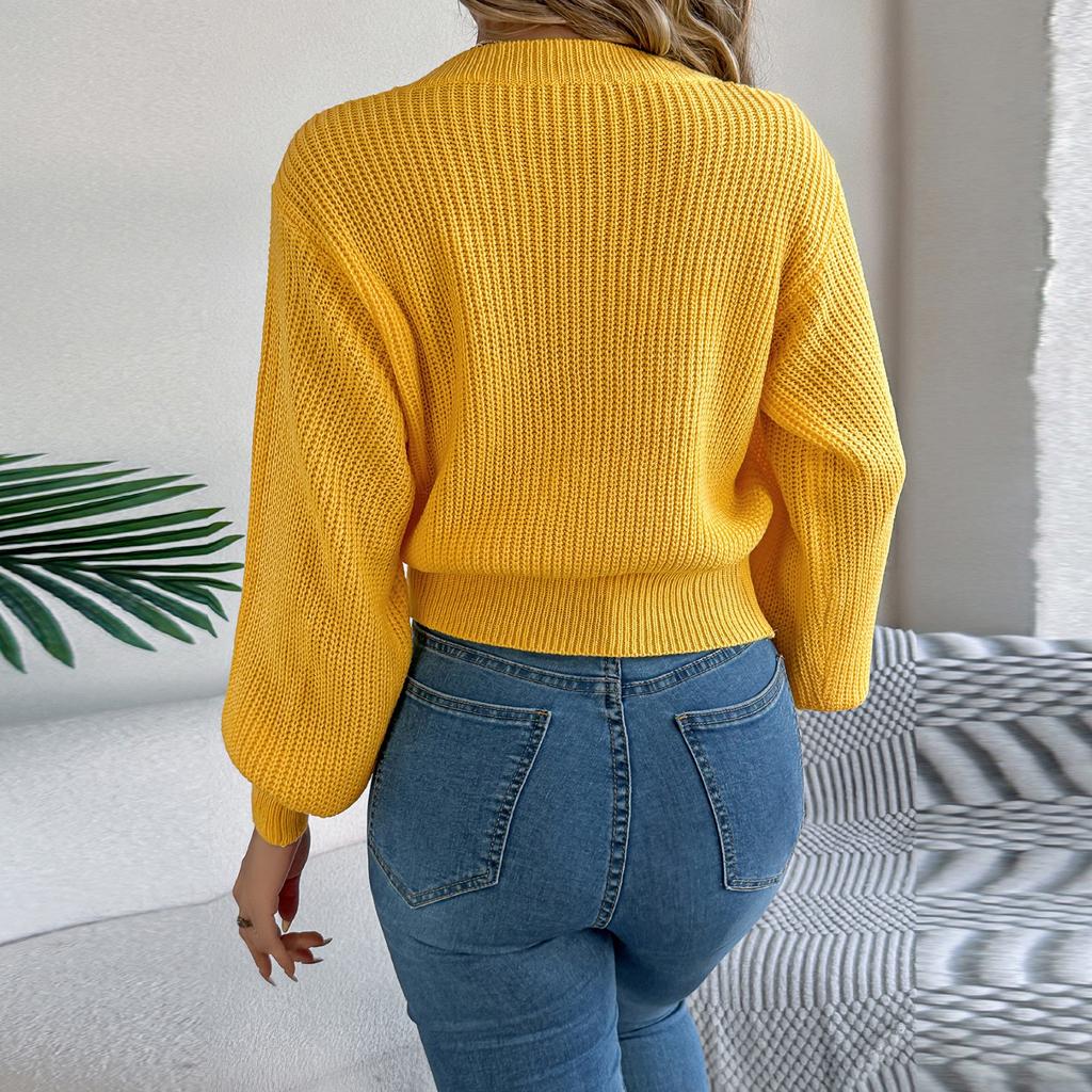 Women's Fashion Solid Color Cable-knit Long-sleeved Waist Pullover Sweater