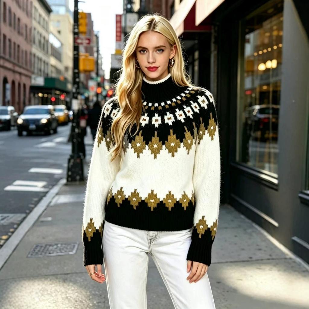 Женский свитер с узором Fair Isle, осень-зима, с полувысоким воротником, свободный, мягкий, ромбовидный жаккардовый трикотаж, ленивый топ