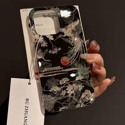 Сверкающий блестящий чехол для телефона в китайском стиле с изображением журавля для iPhone 13 14 15 16 Pro Max, мягкий чехол
