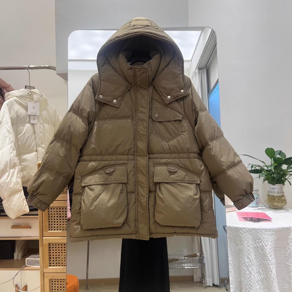 Пуховик женский средний и длинный с капюшоном новый утолщенный пояс свободный теплый белый утиный пуховик прилив