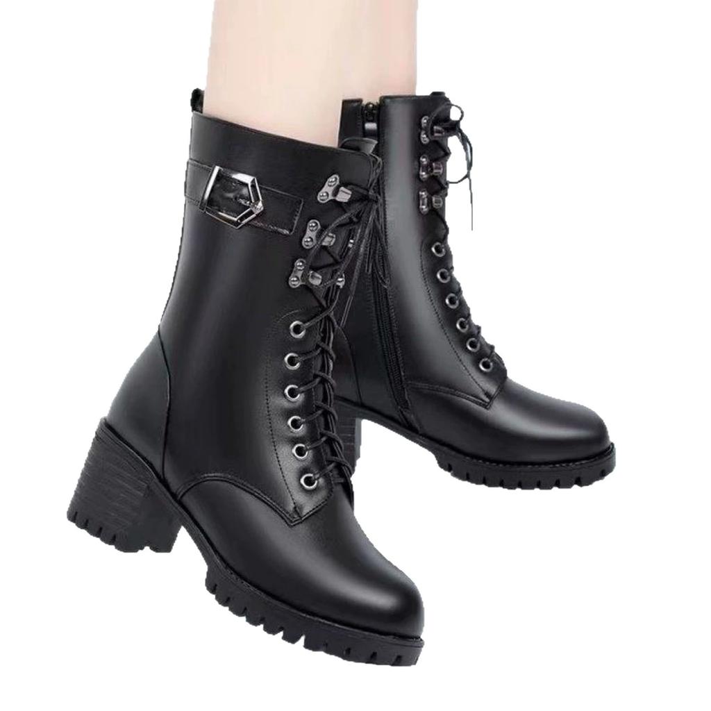 Winter High-heeled Leather Women Winter Boots Thick Wool Warm Women Military Boots High-quality Female Snow Boots