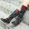 Retro Printed Patchwork Women's Long Boots Handmade Genuine Leather Lace Up Mid-calf Boots