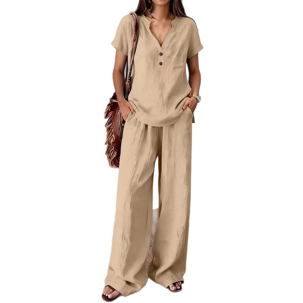 1116 Новый Стиль Универсальный Комплект Однотонный Топ с V-образным Вырезом и Пуговицами с Коротким Рукавом Свободные Широкие Брюки Повседневный Комплект из Двух Предметов