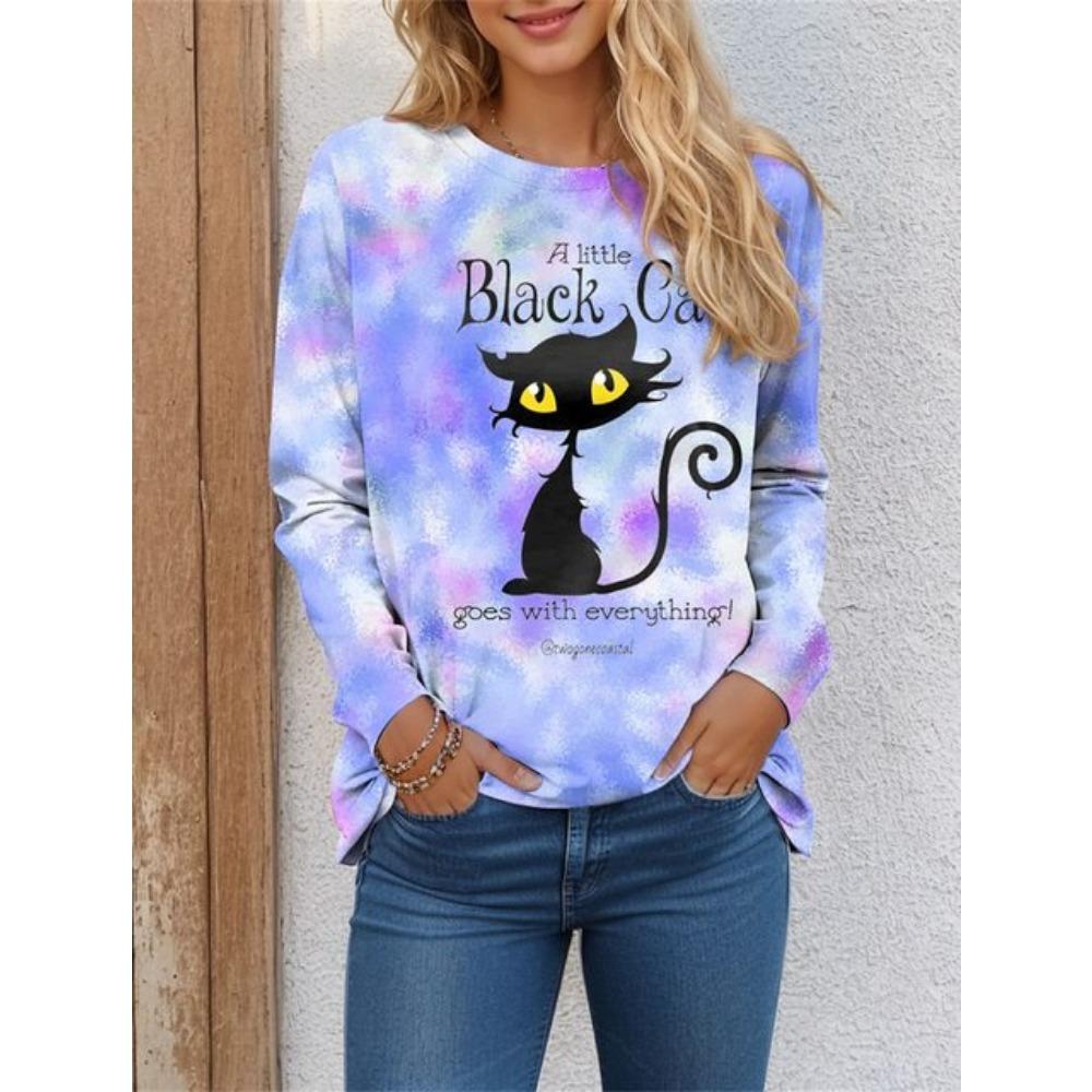 Женская футболка с 3D-принтом, бабочкой и котом, красочный дизайн, длинный рукав, повседневная, выходного дня, модная, с круглым вырезом, стандартный крой, весна и лето