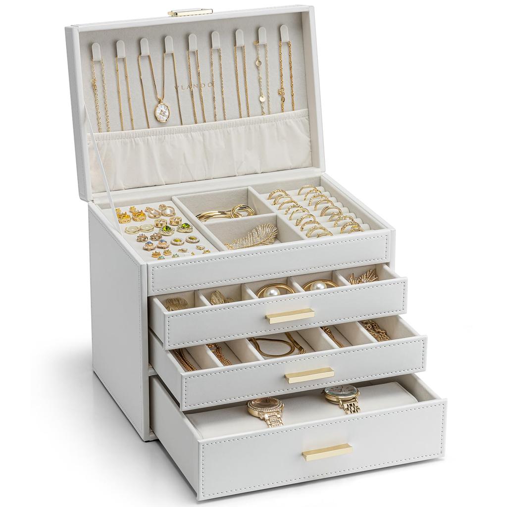 Vlando Большой органайзер для украшений с 4 выдвижными ящиками для мелких предметов, сережек, ожерелий, колец, часов и многого другого (белый)