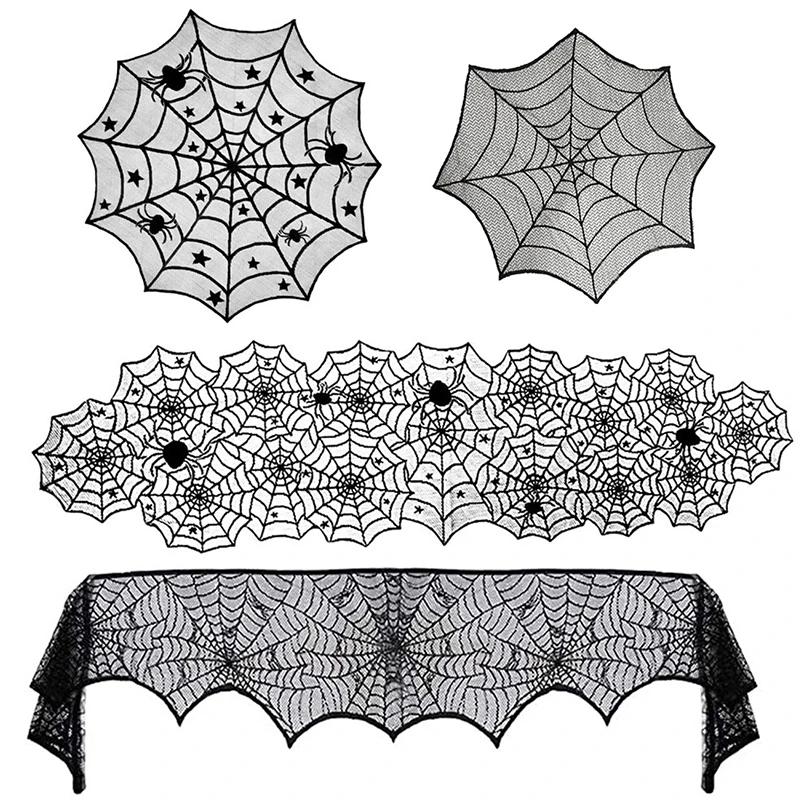 2025 Halloween Decoration Lace Spider Web Skeleton Skull Tablecloth Black Fireplace Mantel Scarf Event Party Supplies