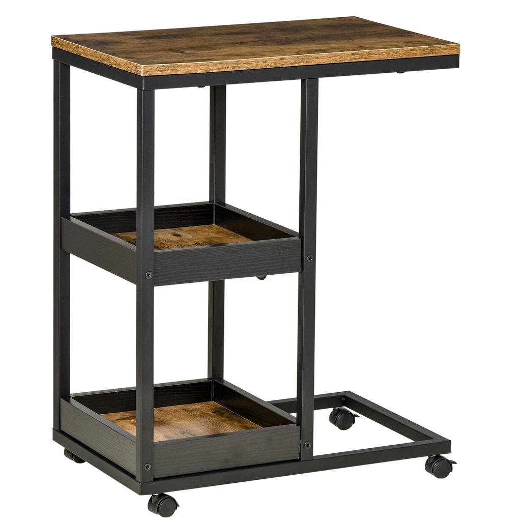 Mobile Sofa Side Table, Industrial C-Shaped Rolling Table with 3-Tier Storage Shelving, Four Lockable Wheels Steel Frame, Dark Brown